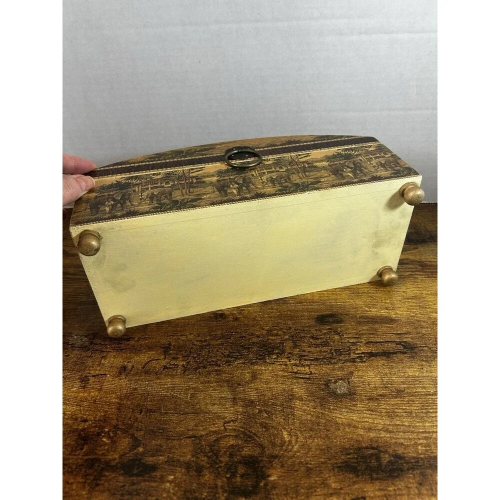 Wood Keepsake Chest Box Jungle Elephant Design Hinge Lid Decorative Storage Case